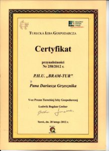 Certyfikat przynależności | Certyfikat firma Wiśniowski | P. H. U. BRAMTUR