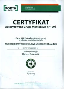certyfikat montażowy | Certyfikat firma Wiśniowski | P. H. U. BRAMTUR